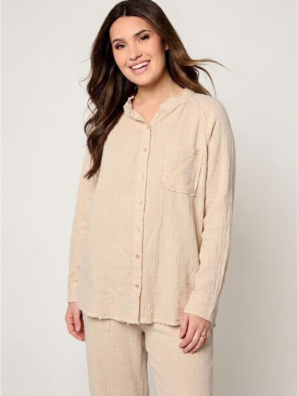 Belle Beach by Kim Gravel Gauze Frayed Trim One Pocket Big Shirt Sand Bar, 3X